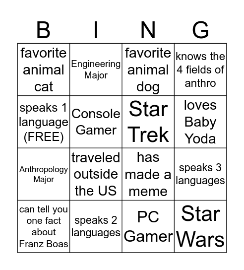 Linguistic Anthropology Bingo Card