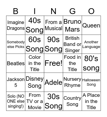 Sing a Song Bingo Card