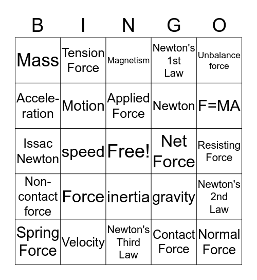 Force & Motion Bingo Card