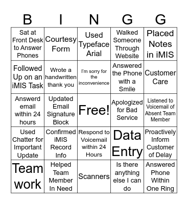 Customer Service Bingo Card