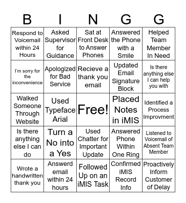 Customer Service Bingo Card