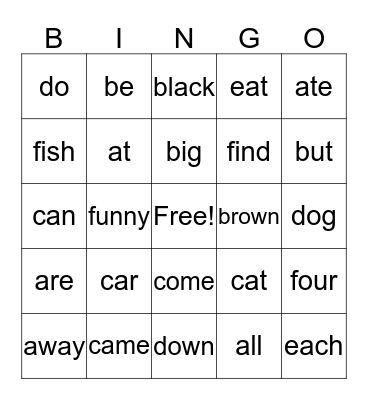 Sight Words A1 Bingo Card
