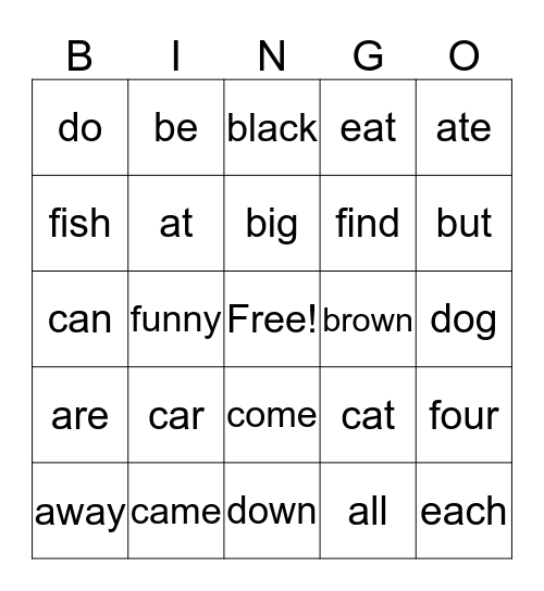 Sight Words A1 Bingo Card