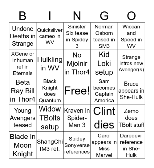 Marvel Phase 4 Bingo Card