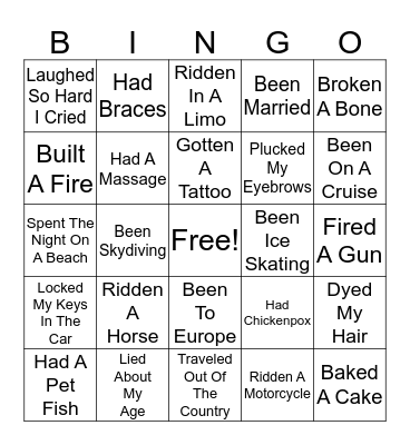 Never Have I Ever Bingo Card