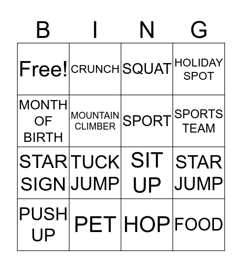 Health and Physical Education - Bingo  Bingo Card