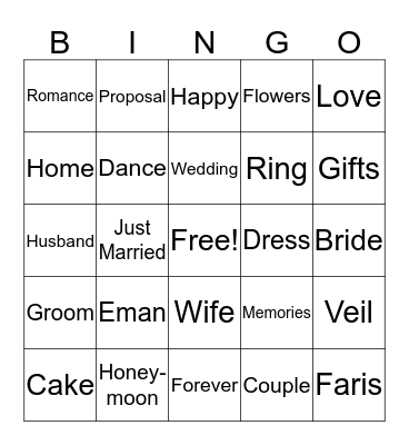 Eman's Bridal Shower Bingo Card