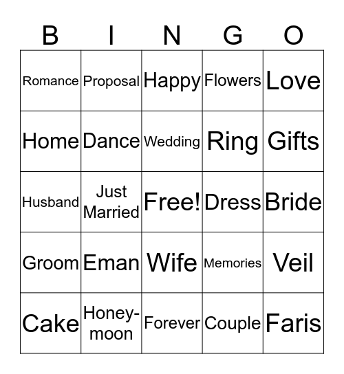 Eman's Bridal Shower Bingo Card