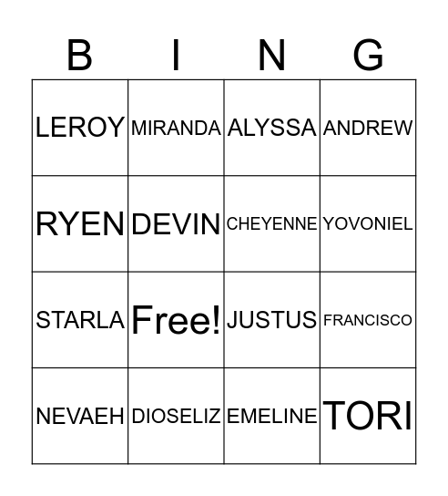 NAME Bingo Card