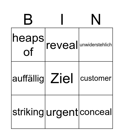 English Bingo Card