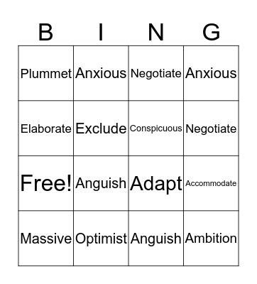 Vocabulary Bingo Card