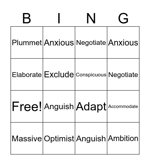 Vocabulary Bingo Card