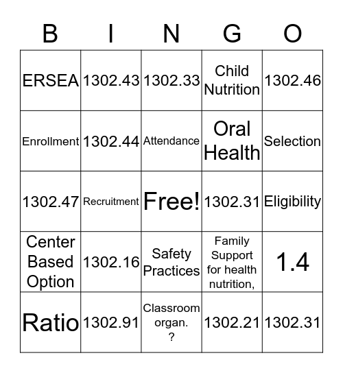 Performance Standard BINGO Card