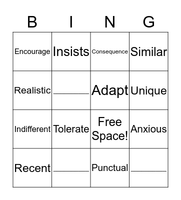 Vocabulary Bingo Card