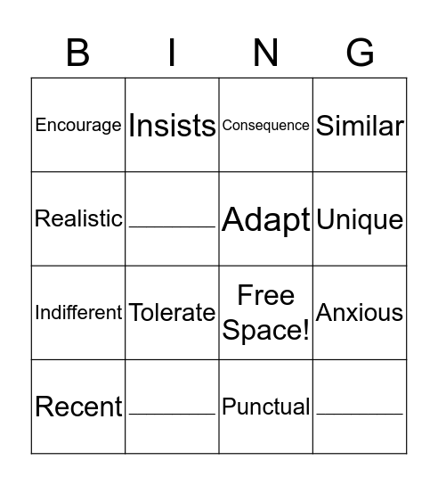 Vocabulary Bingo Card