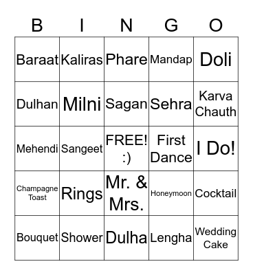 Bianca's Bridal Bingo Card