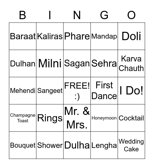 Bianca's Bridal Bingo Card