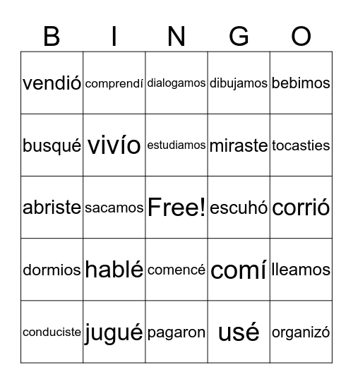 Juguemos Bingo con el Pretérito Bingo Card
