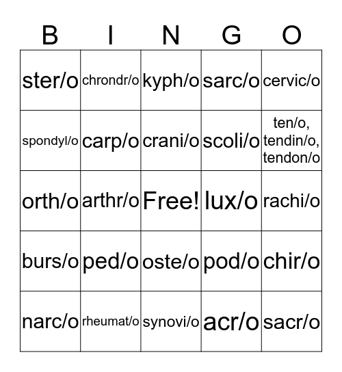 Skeletal System  Bingo Card
