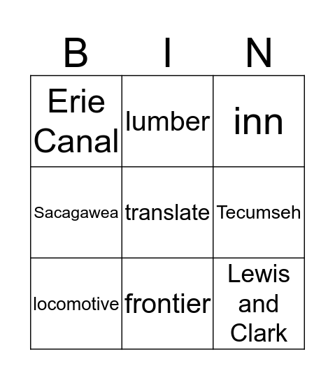 Westward Expansion Bingo Card