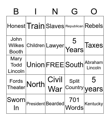 Abraham Lincoln Bingo Card