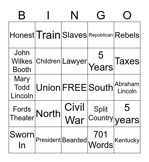 Abraham Lincoln Bingo Card