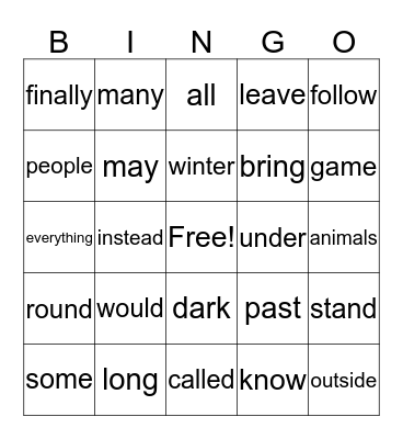 Sight Word Bingo Card