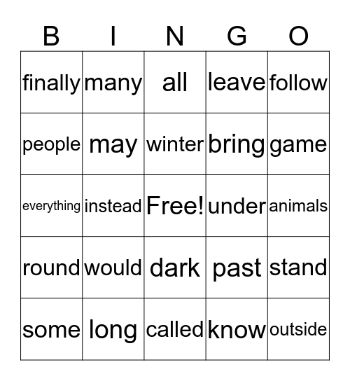 Sight Word Bingo Card