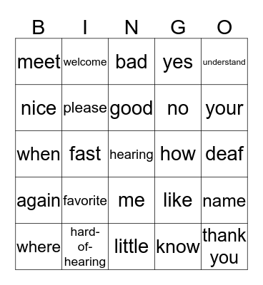 Sign Language Bingo Card