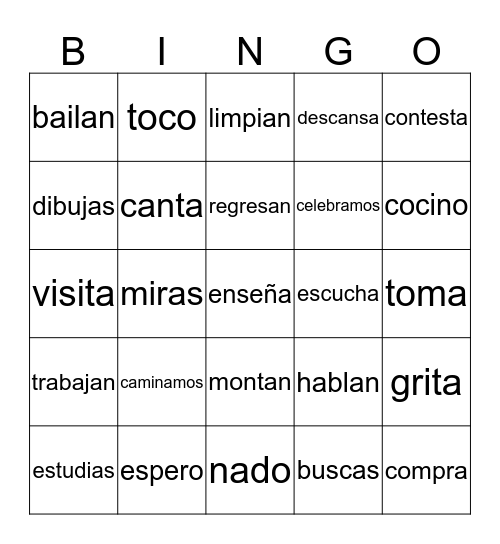 Conjugated -ar verbs (indicative) Bingo Card
