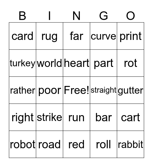 /r/ words Bingo Card