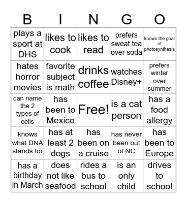 Welcome to Biology Bingo Card