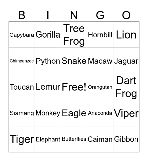 Rainforest BINGO Card