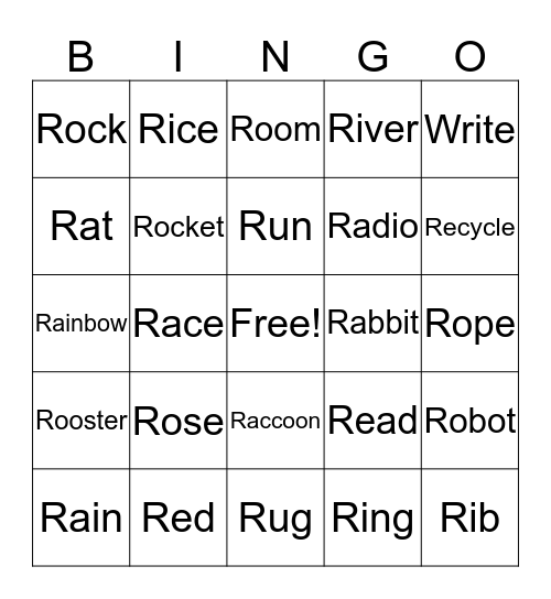 Initial R Bingo Card