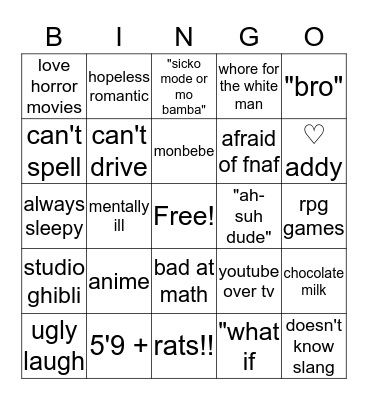 how similar are you to jen Bingo Card