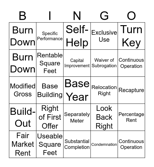Lease Jargon Bingo Card