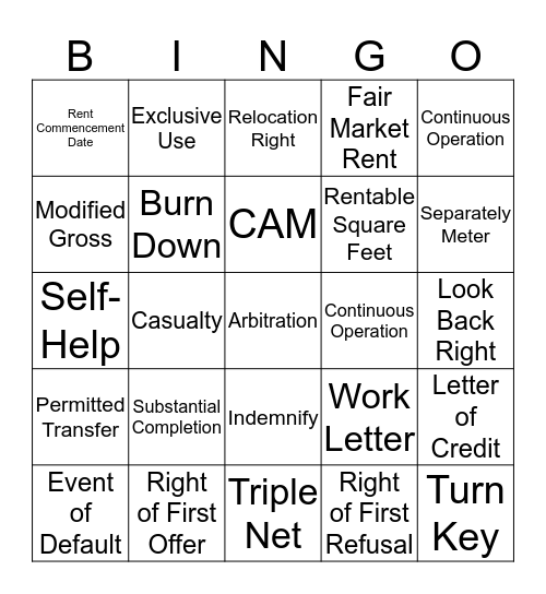 Lease Jargon Bingo Card