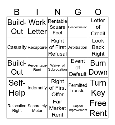 Lease Jargon Bingo Card