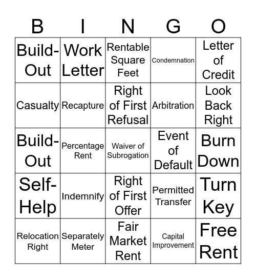 Lease Jargon Bingo Card