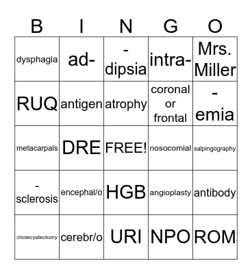 MEDICAL TERMINOLOGY Bingo Card