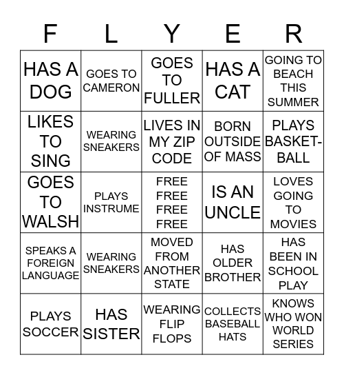 FRAMINGHAM FLYERS Bingo Card