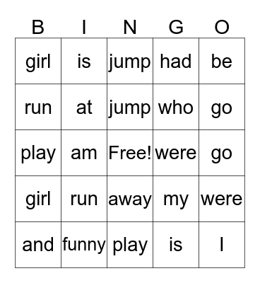 Sight word Bingo Card