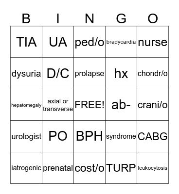 MEDICAL TERMINOLOGY Bingo Card