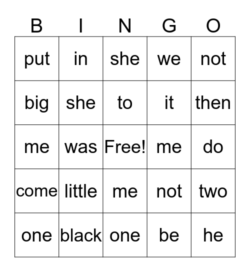 Sight word Bingo Card