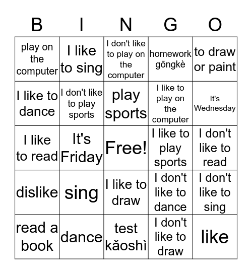 G3 - Likes, Dislikes, Activities  Bingo Card