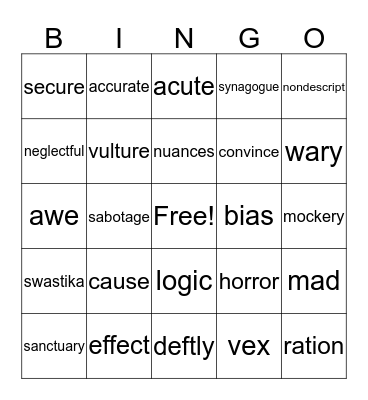 Vocabulary Bingo  Bingo Card