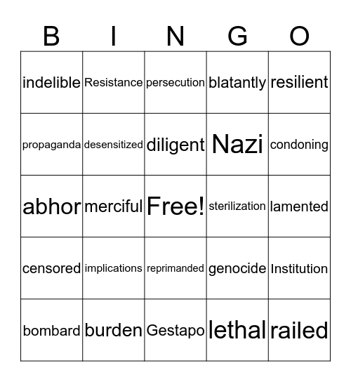 Hitler Youth Vocabulary Bingo Card