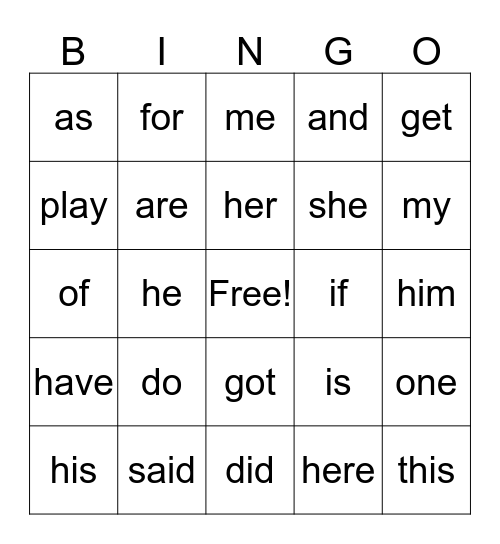 Star Word Bingo Card