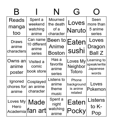 Anime Club Bingo Card