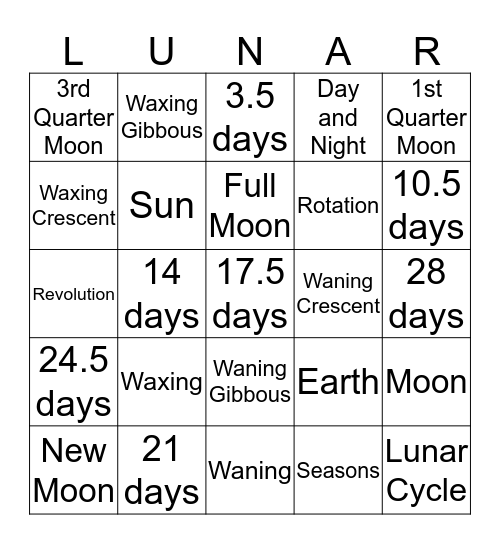 Moon Phase Bingo Card